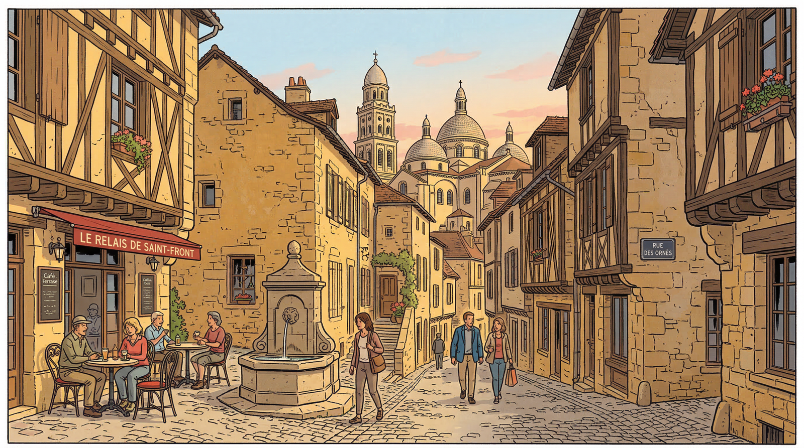 Vue de la cathédrale Saint-Front et du quartier médiéval de Périgueux — illustration bande dessinée