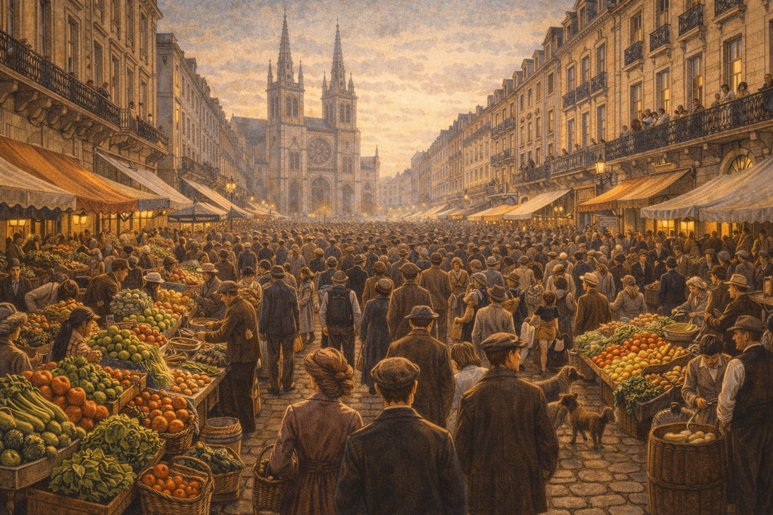 Marché animé du vieux Bordeaux avec foule, étals de légumes et cathédrale en arrière-plan.