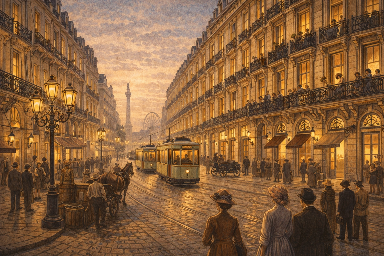 Place des Quinconces à Bordeaux, tramways, façades et balcons en fer forgé.