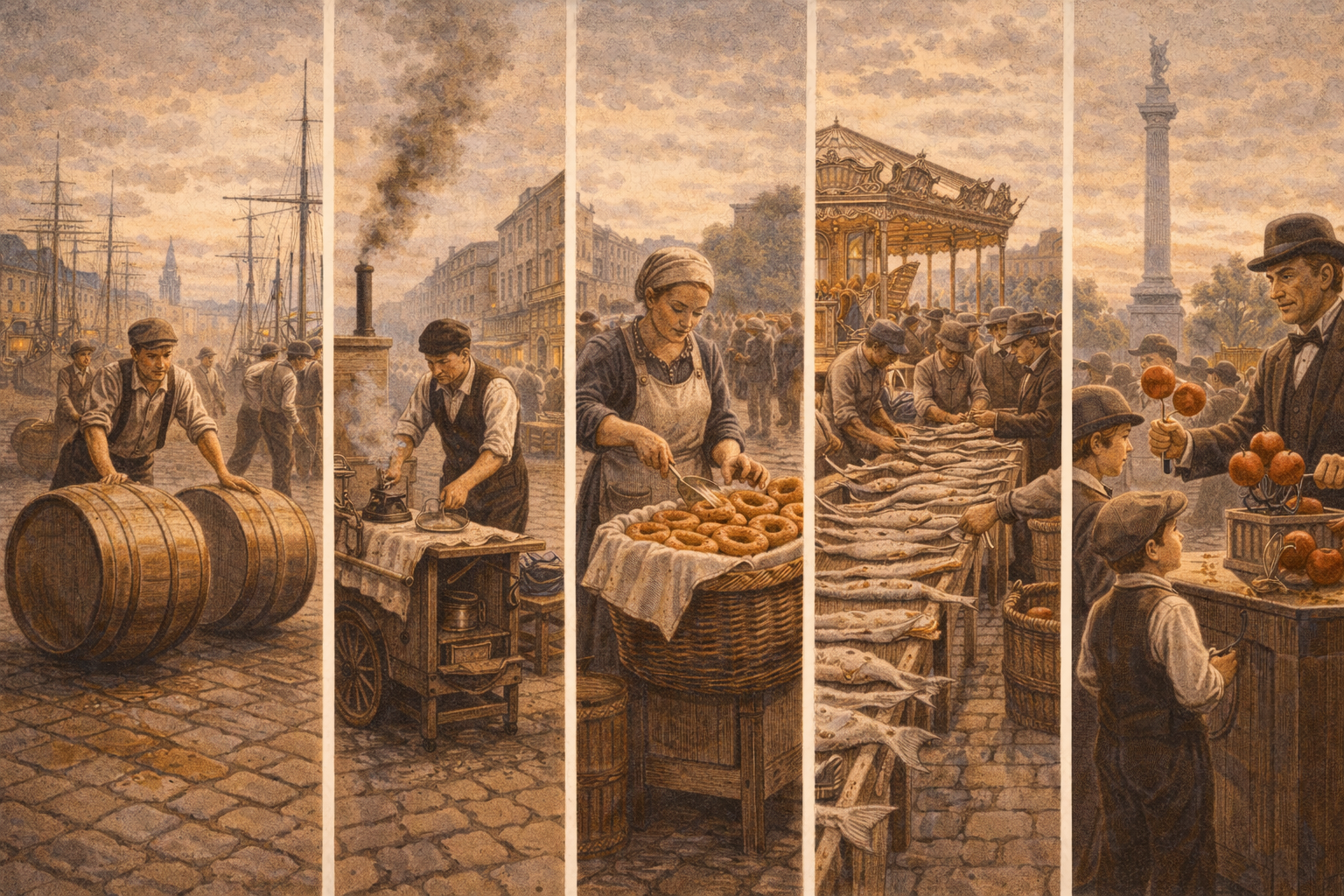 Scènes de vie quotidienne à Bordeaux : courses de tonneaux, repasseur, beignets et foire.