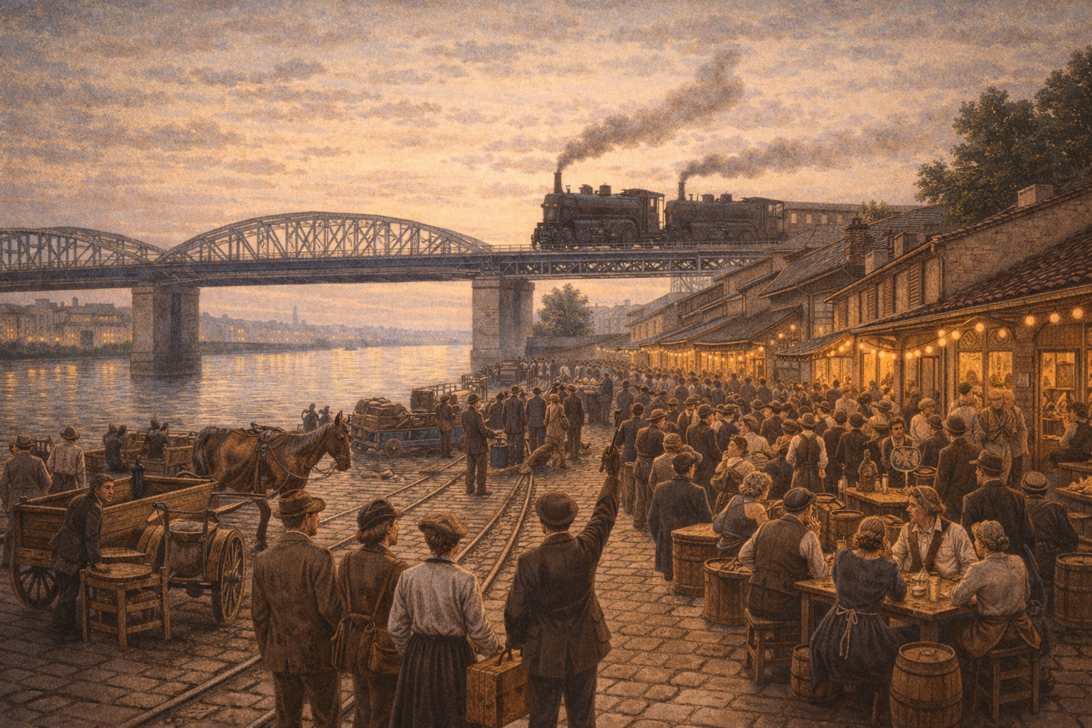 Rive droite de Bordeaux, pont du chemin de fer, quais, chevaux et guinguettes.