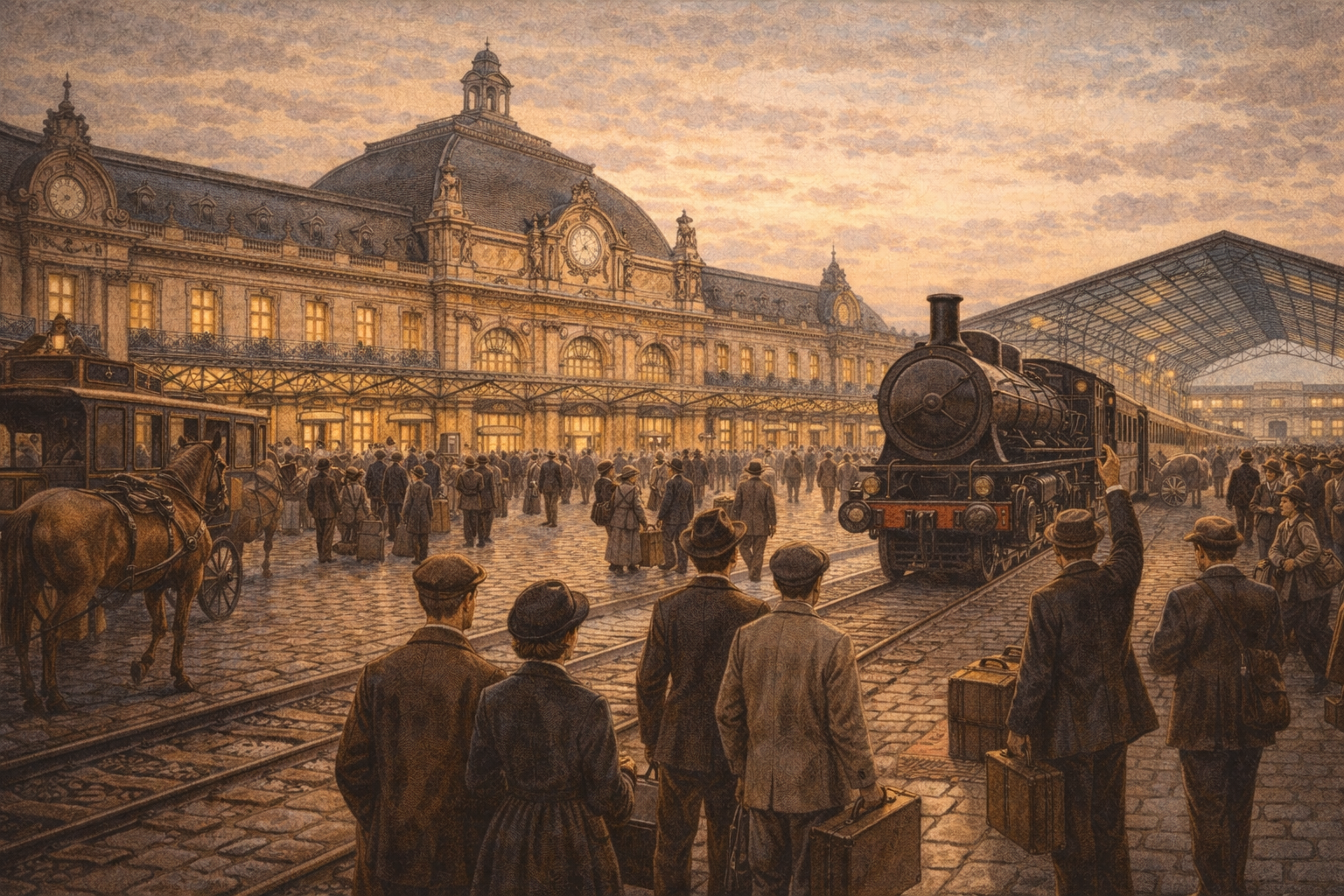 Façade de la gare Saint-Jean à Bordeaux, voyageurs, diligences et locomotive.