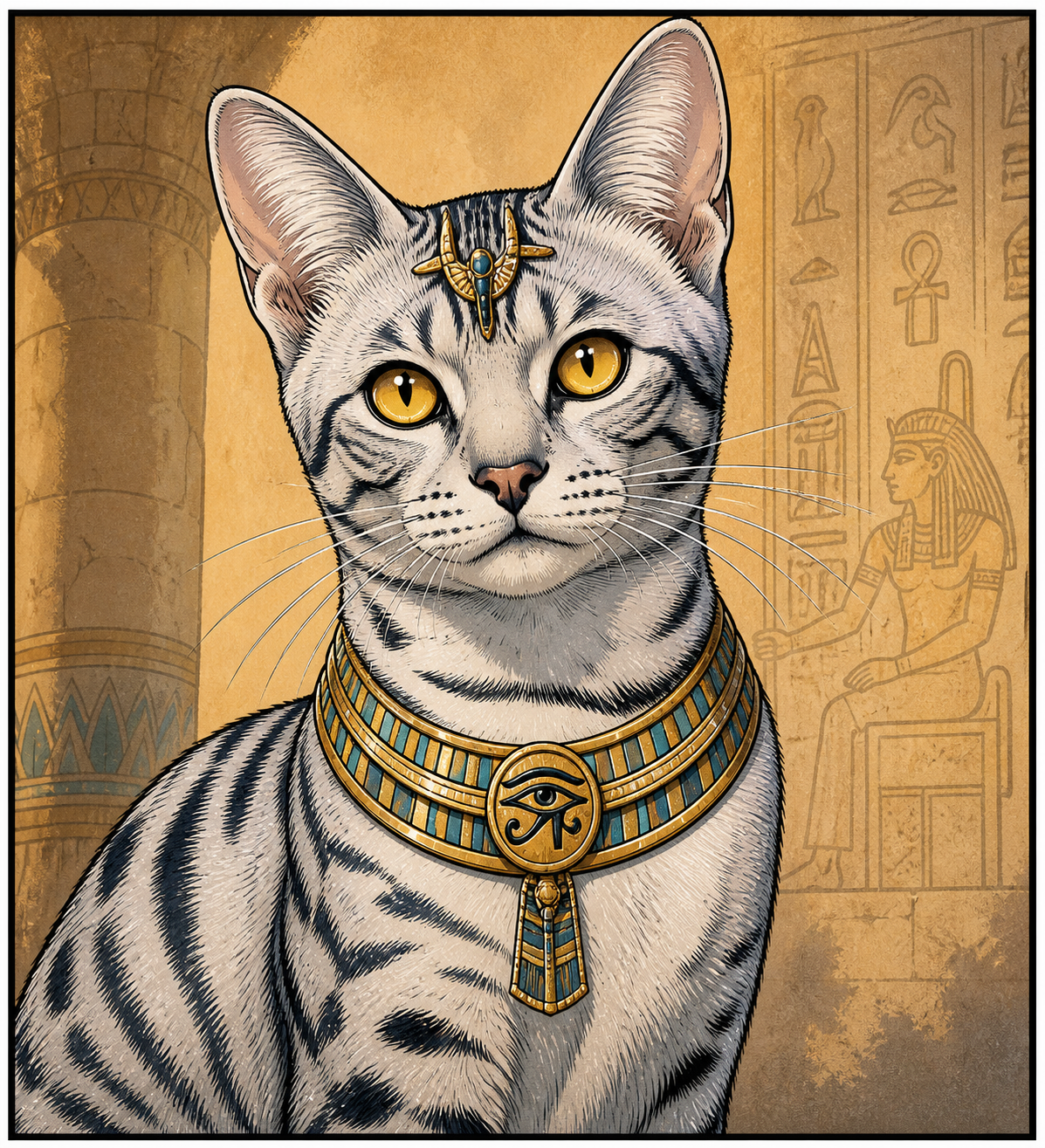 Portrait d'un chat égyptien aux yeux dorés portant un collier inspiré de l'Égypte ancienne.