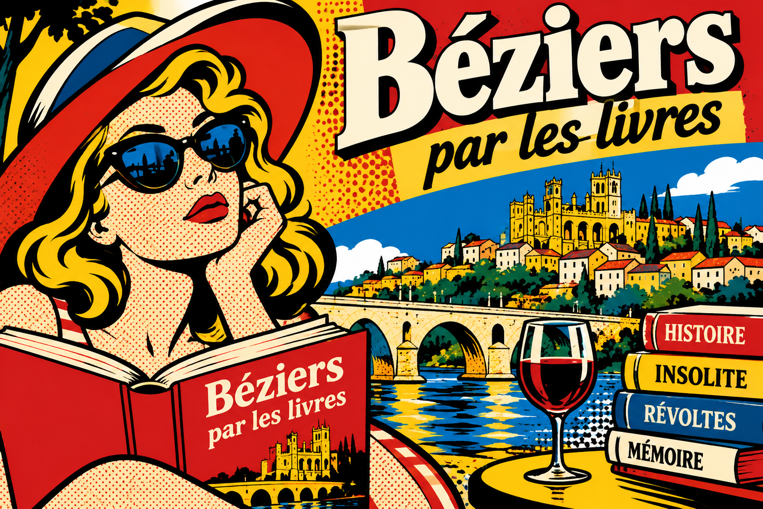 Béziers par les livres : affiche pop art avec lectrice, cathédrale Saint-Nazaire, Pont Vieux et livres évoquant l'histoire, les révoltes et la mémoire de Béziers