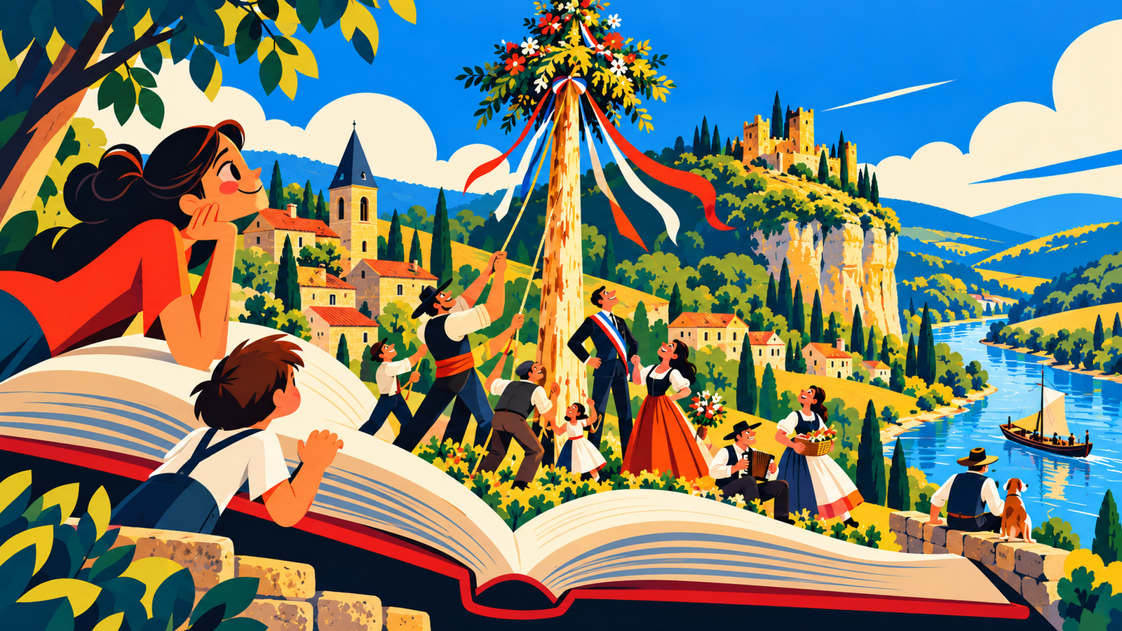 Un immense livre ouvert fait surgir Carlux, ses habitants et un mai dressé en l'honneur d'un élu