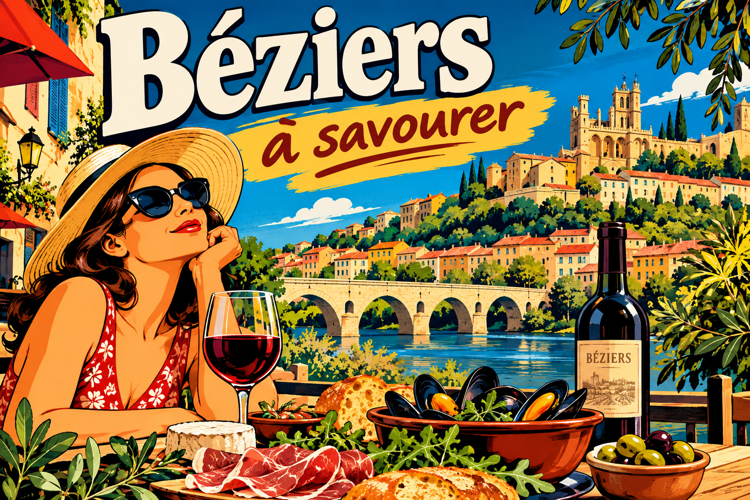 Béziers à savourer : affiche pop art, terrasse gourmande, spécialités méditerranéennes, Pont Vieux et cathédrale Saint-Nazaire