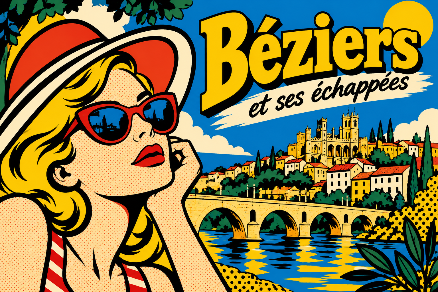 Béziers et ses échappées : illustration pop art avec personnage, cathédrale et Pont Vieux