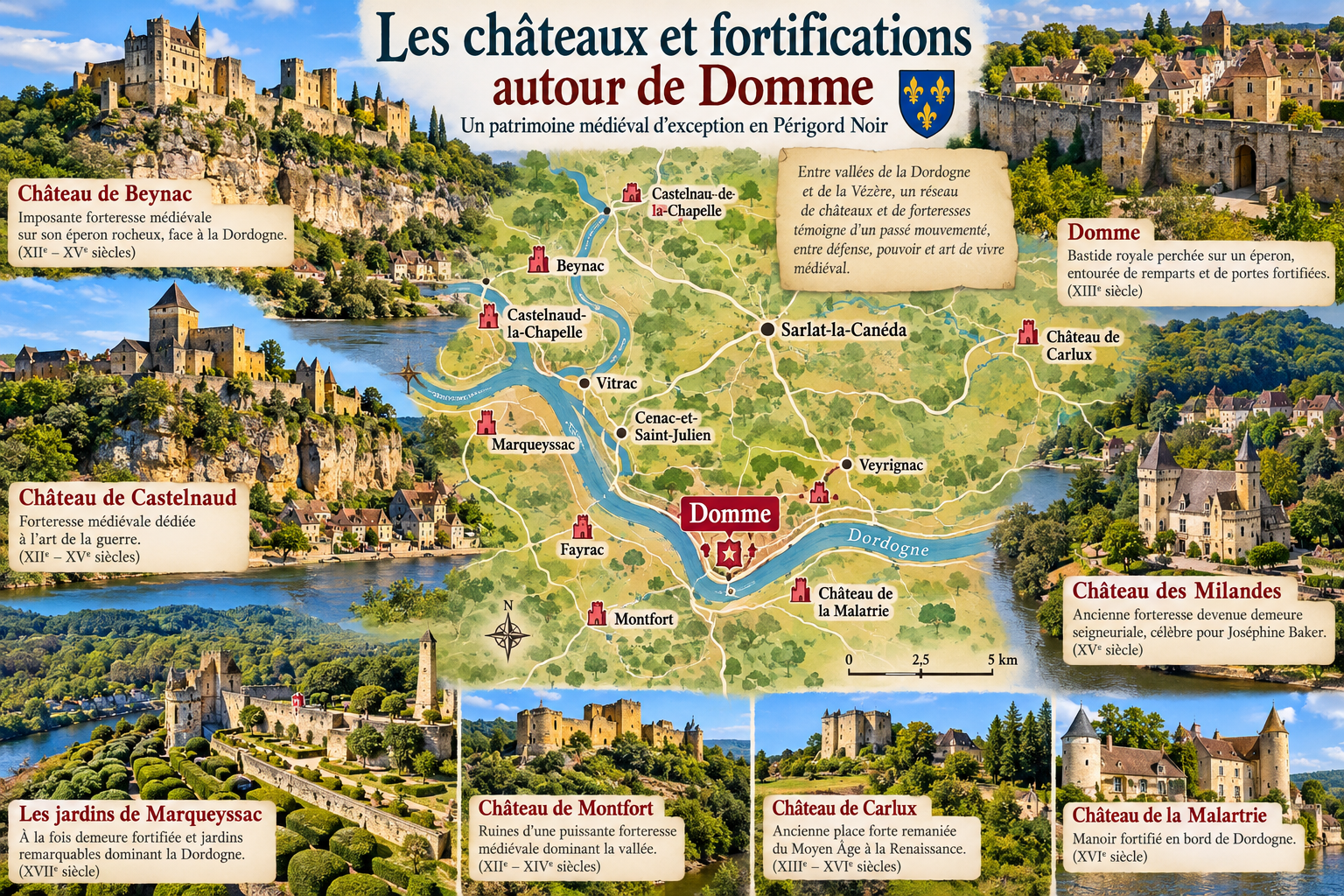 Illustration pop art des châteaux et fortifications autour de Domme