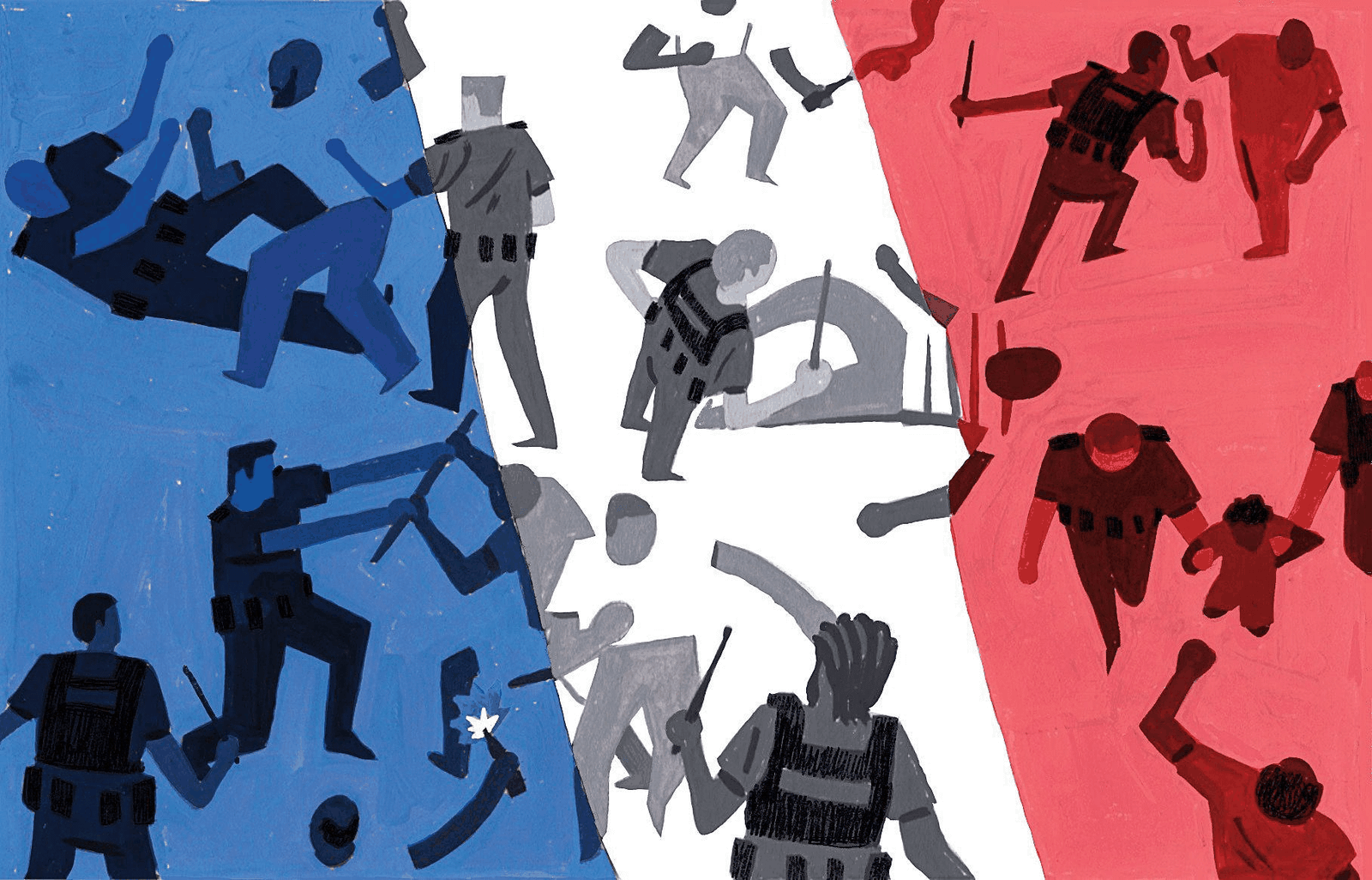 Crise française, manifestations et inquiétude démocratique : illustration pop géométrique