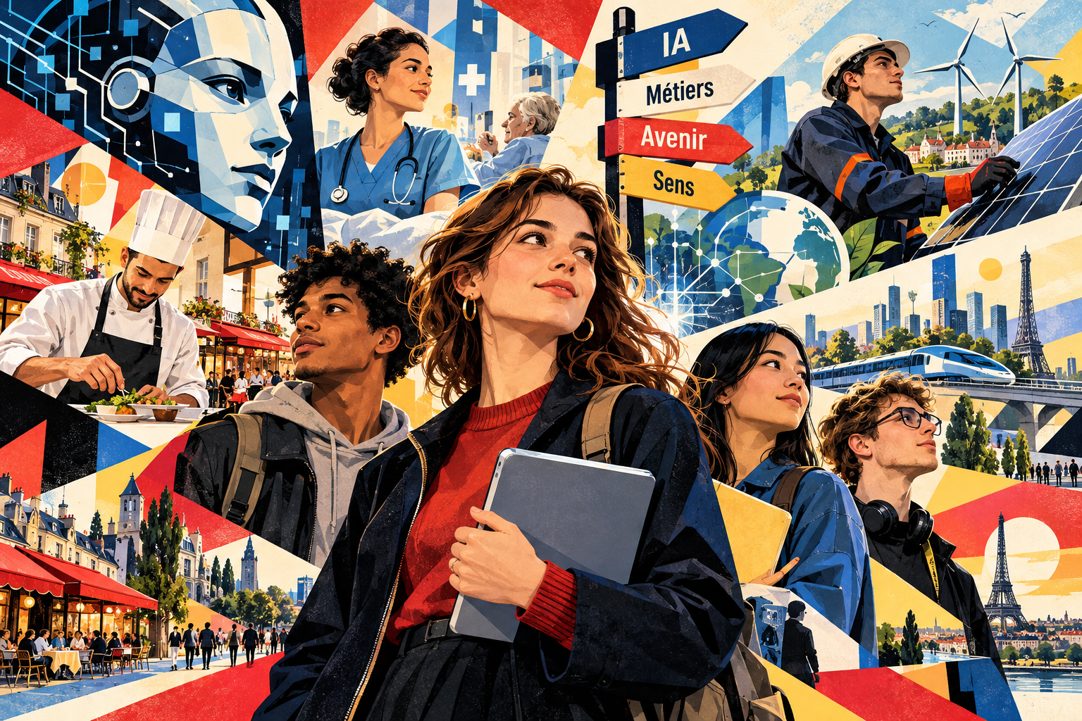 Illustration pop narratif géométrique : jeunes Français, intelligence artificielle et métiers de demain