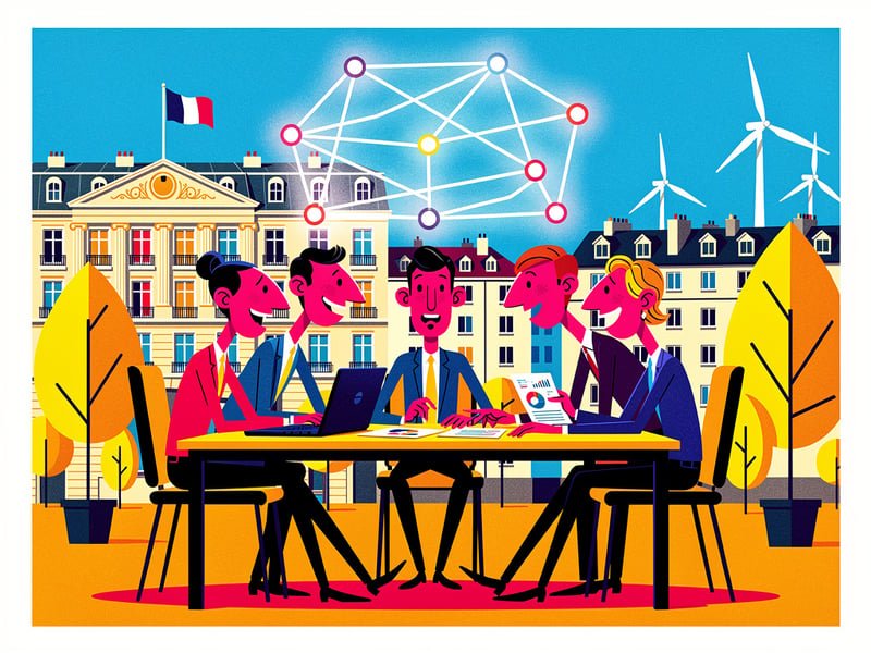 Illustration pop art : des salariés aux silhouettes étirées autour d'une table, un réseau de neurones lumineux au-dessus de leurs têtes, ville française en arrière-plan