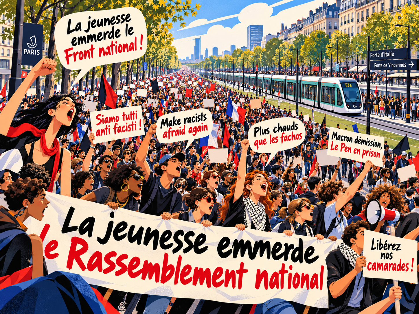 Illustration pop narrative d'une manifestation sur les boulevards des Maréchaux, avec des slogans rapportés dans les cortèges du 24 octobre