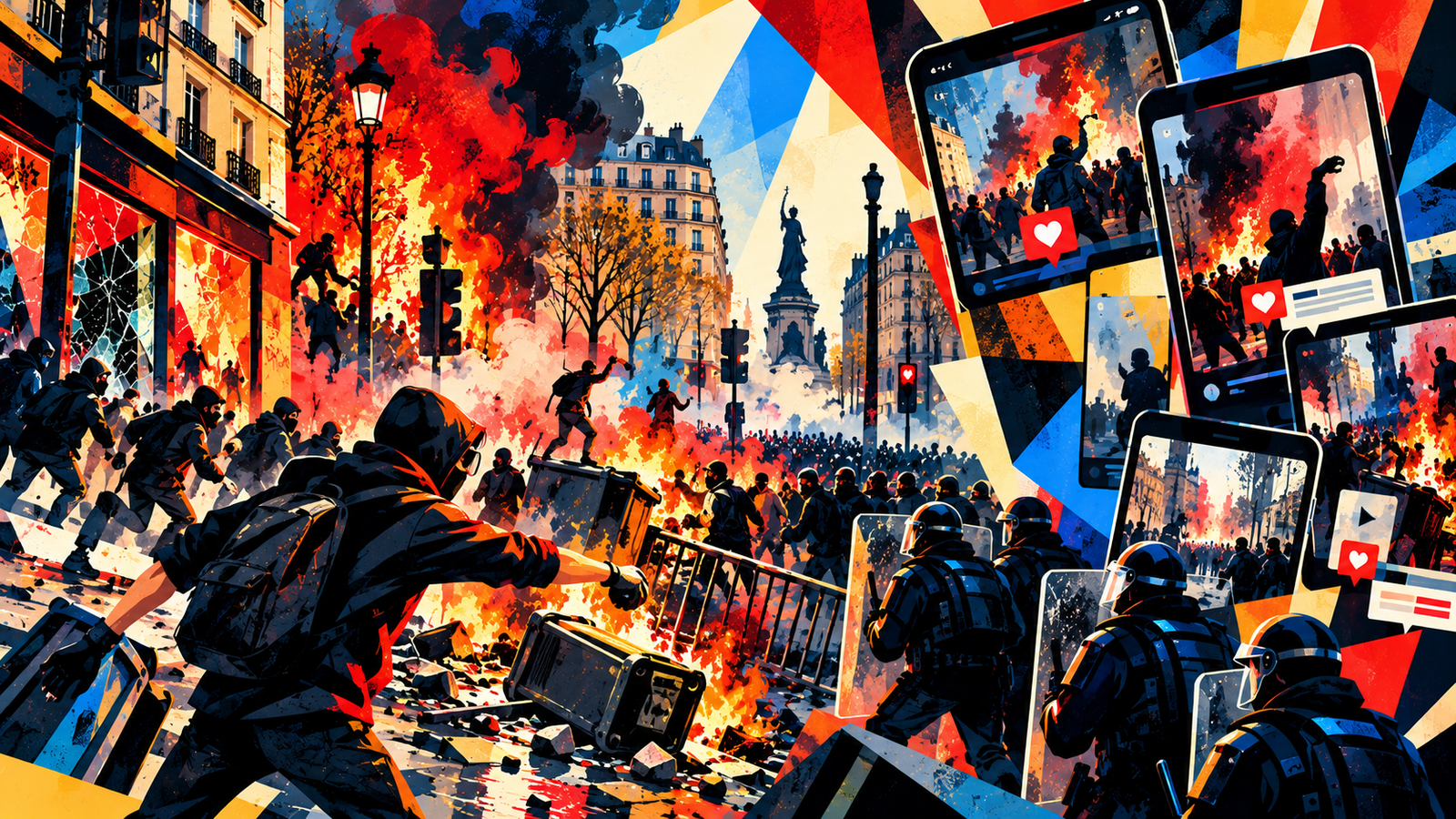 Illustration pop narrative géométrique des manifestations du 17 octobre et de leur dimension informationnelle