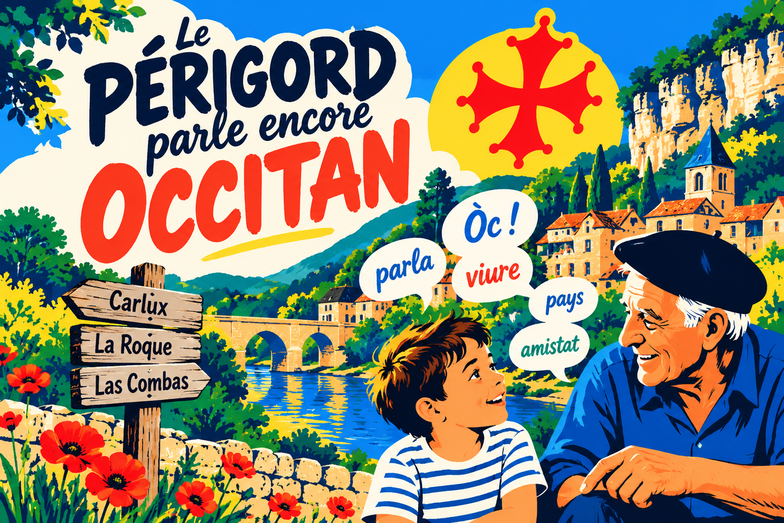 Illustration pop de la transmission de l'occitan en Périgord entre un ancien et un enfant, devant un village et la rivière